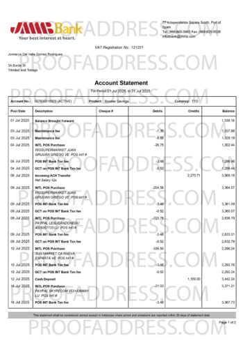 bank statement JMMB Bank
