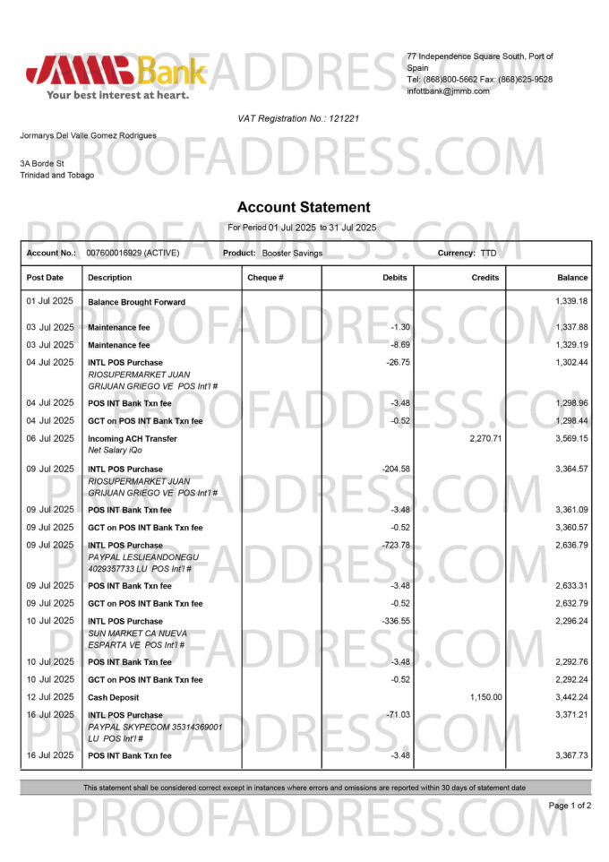bank statement JMMB Bank