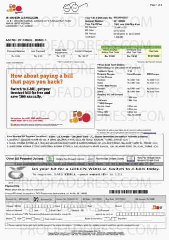 utility bill TATA DOCOMO