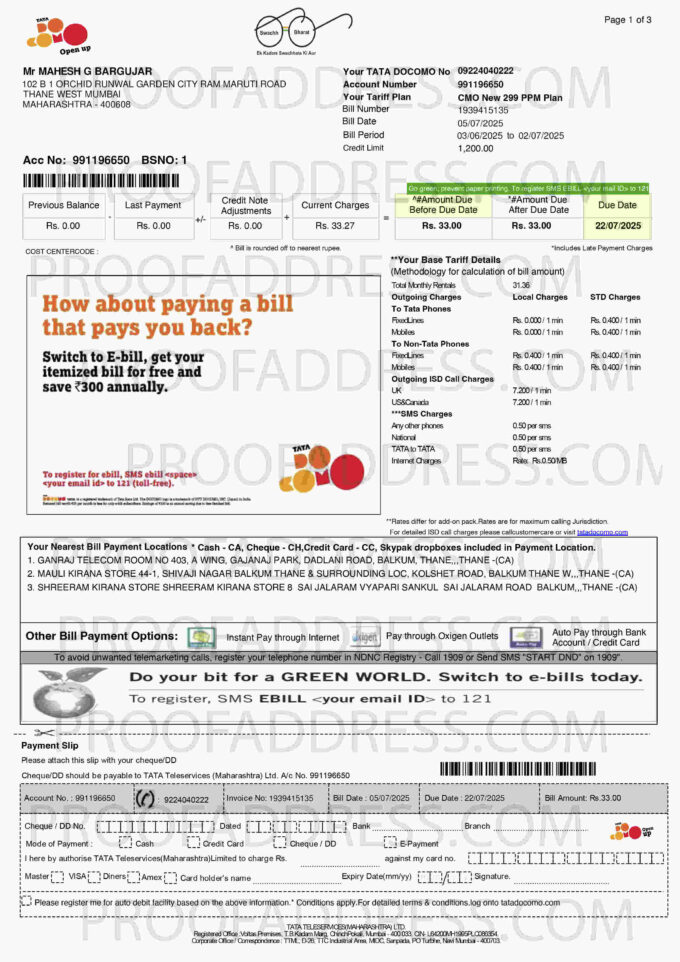 utility bill TATA DOCOMO