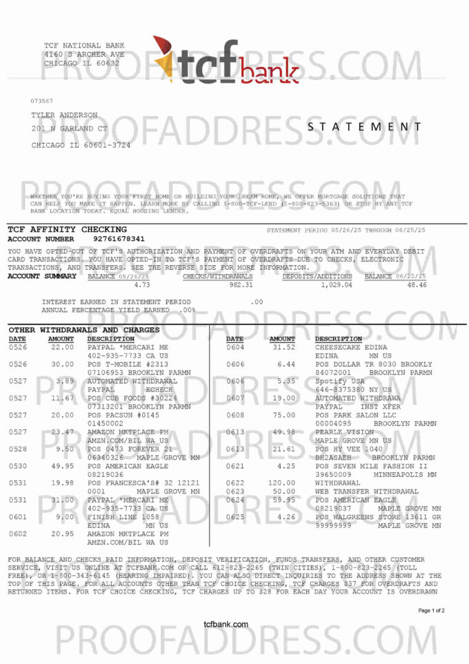 bank statement TCF