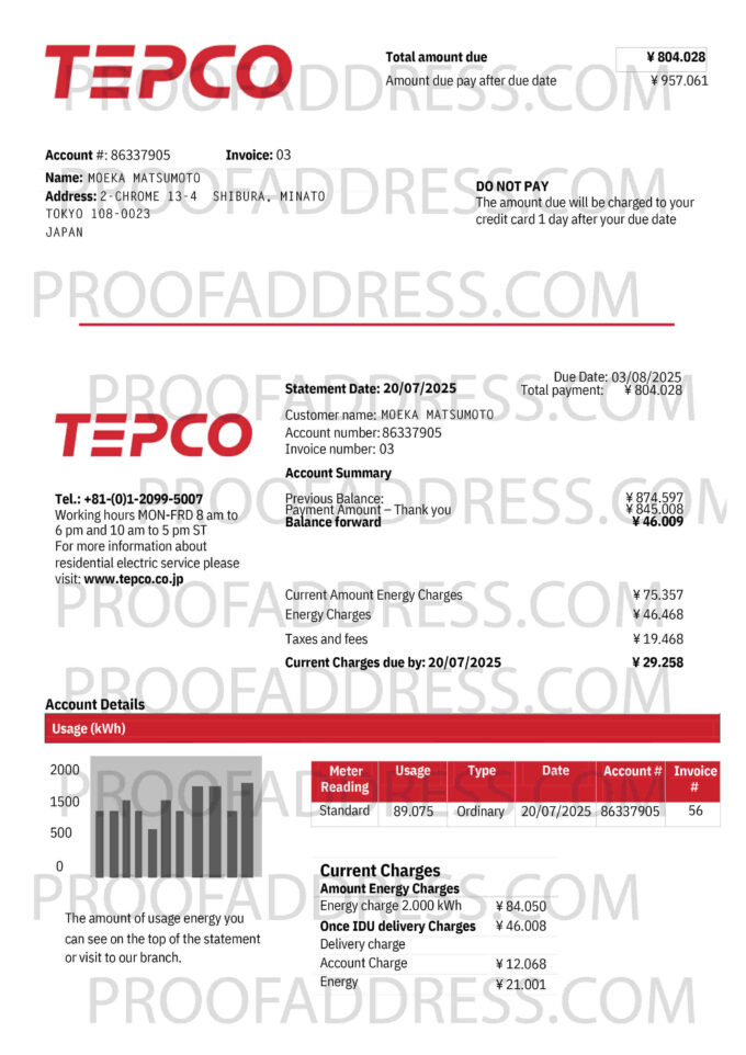 utility bill TEPCO