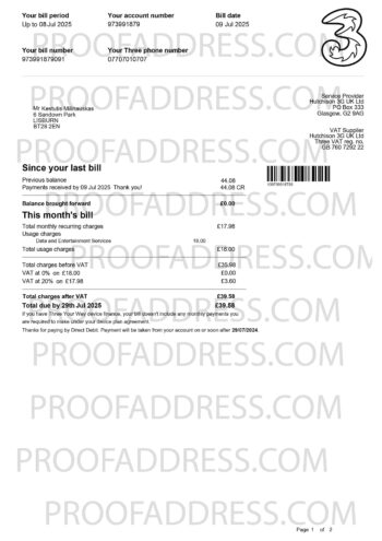 utility bill Three Hutchison 3G