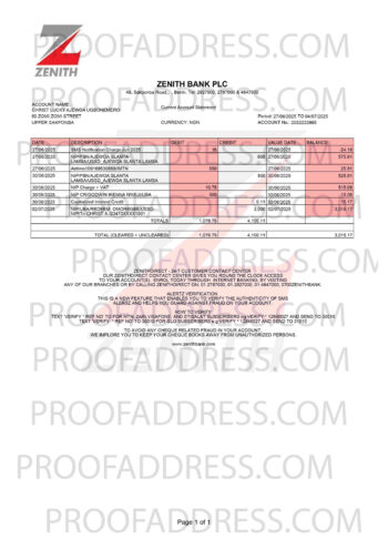 bank statement ZENITH BANK