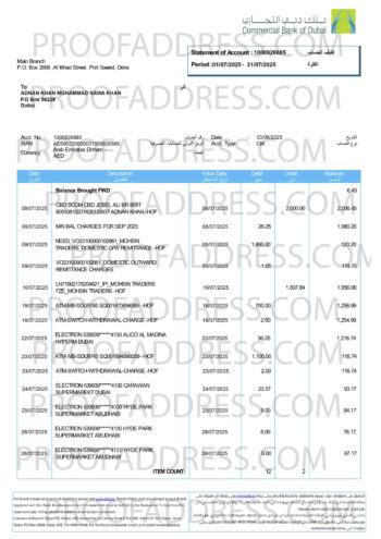 bank statement Commercial Bank of Dubai