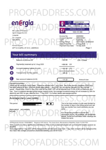 utility bill Energia