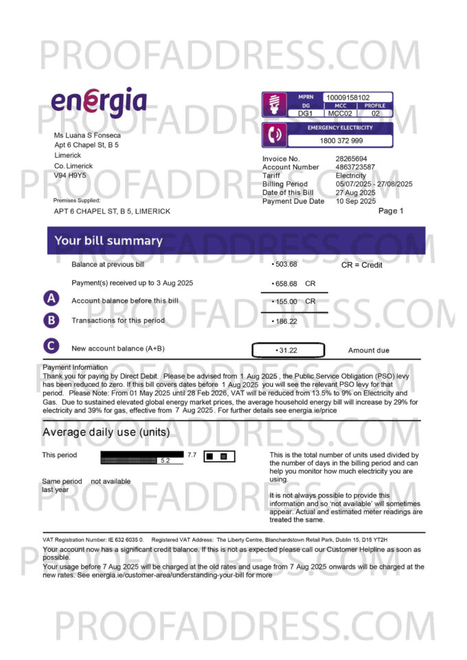 utility bill Energia
