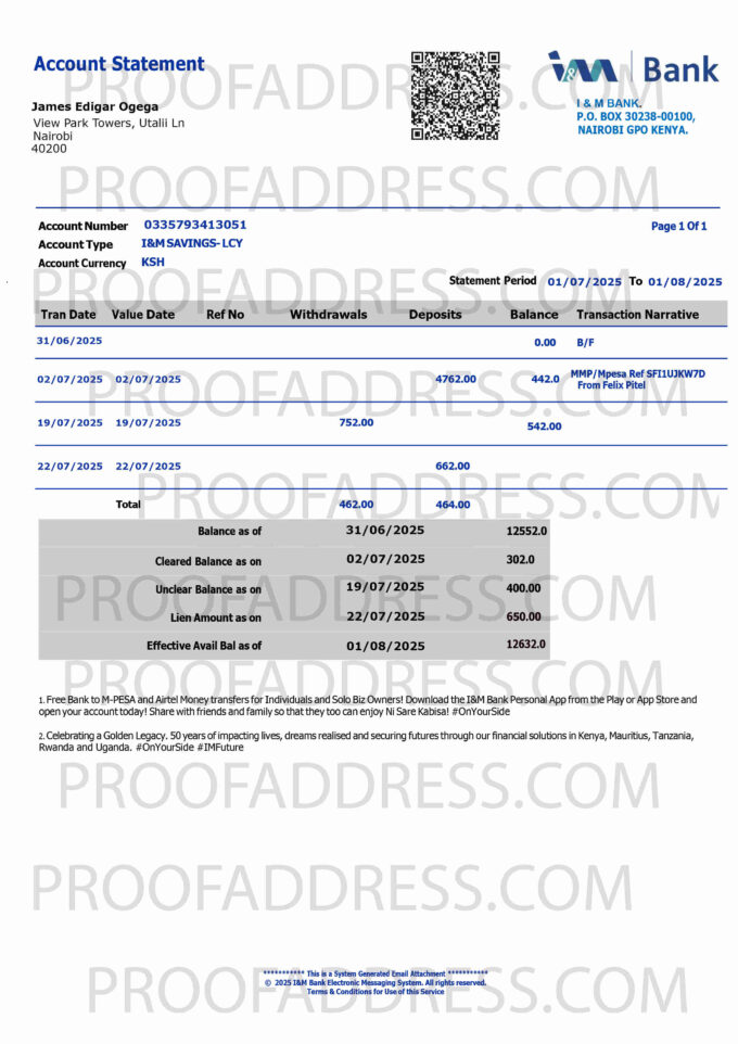 bank statement I&M Bank