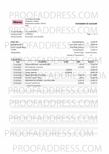 bank statement Klarna Bank
