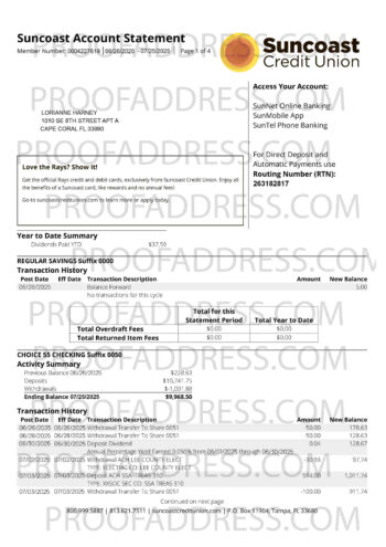 bank statement Suncoast