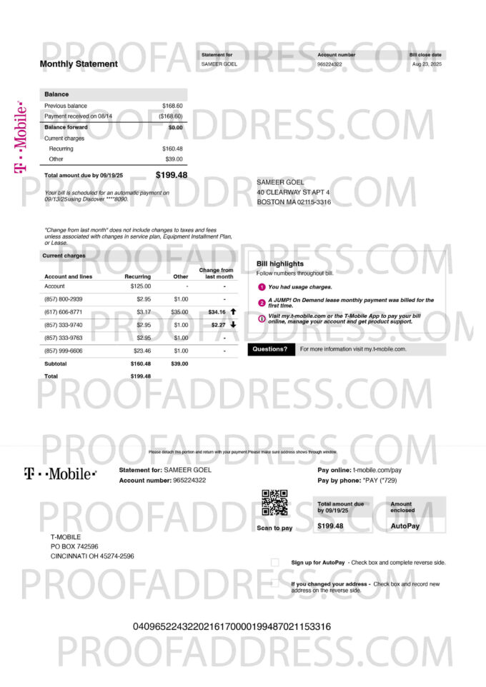 utility bill T-MOBILE