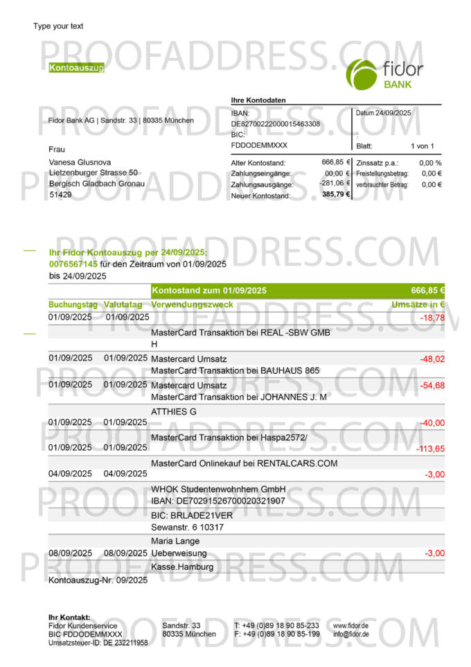 bank statement Fidor Bank