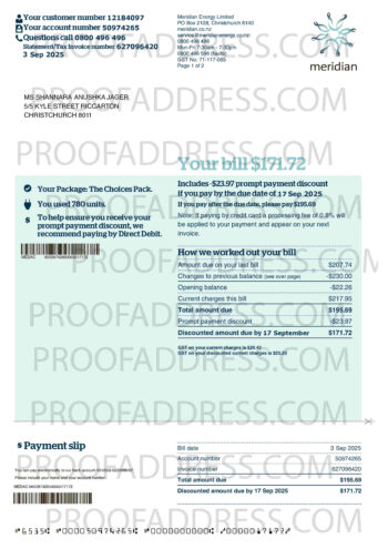 utility bill Meridian Energy