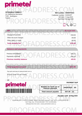 utility bill Primetel