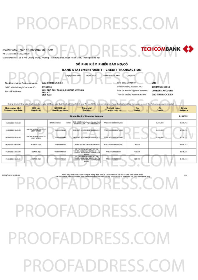 bank statement TECHCOMBANK