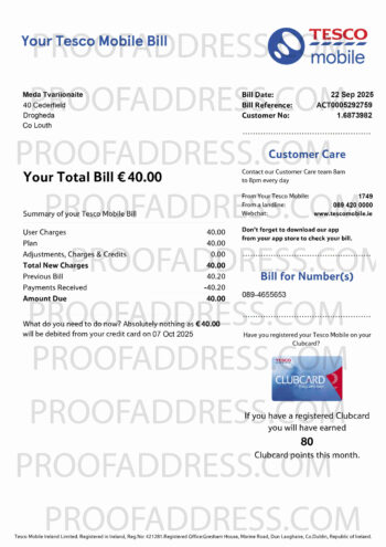 utility bill Tesco Mobile