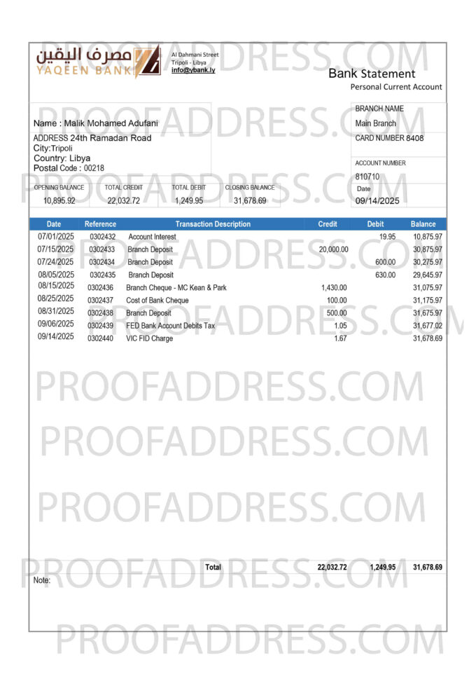 bank statement YAQEEN Bank