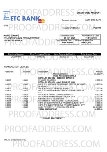 bank statement ETC BANK