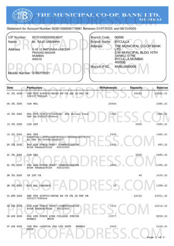 bank statement Municipal Bank