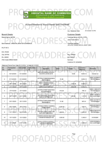 bank statement ORIENTAL BANK OF COMMERCE