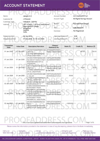 bank statement AU Small Finance Bank